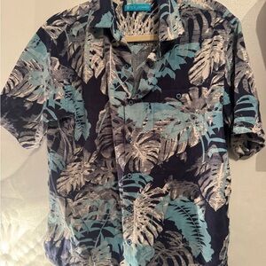 Tori Richard Navy Tropical Leaf Short-Sleeve Button-Down Shirt